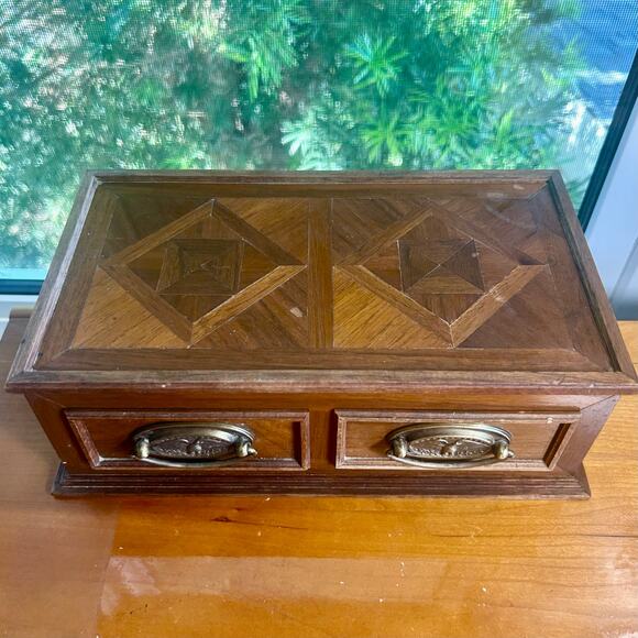 Vintage Wooden Parquet Style Two-Drawer Jewelry Trinket Box with Brass Pulls - Picture 7 of 16